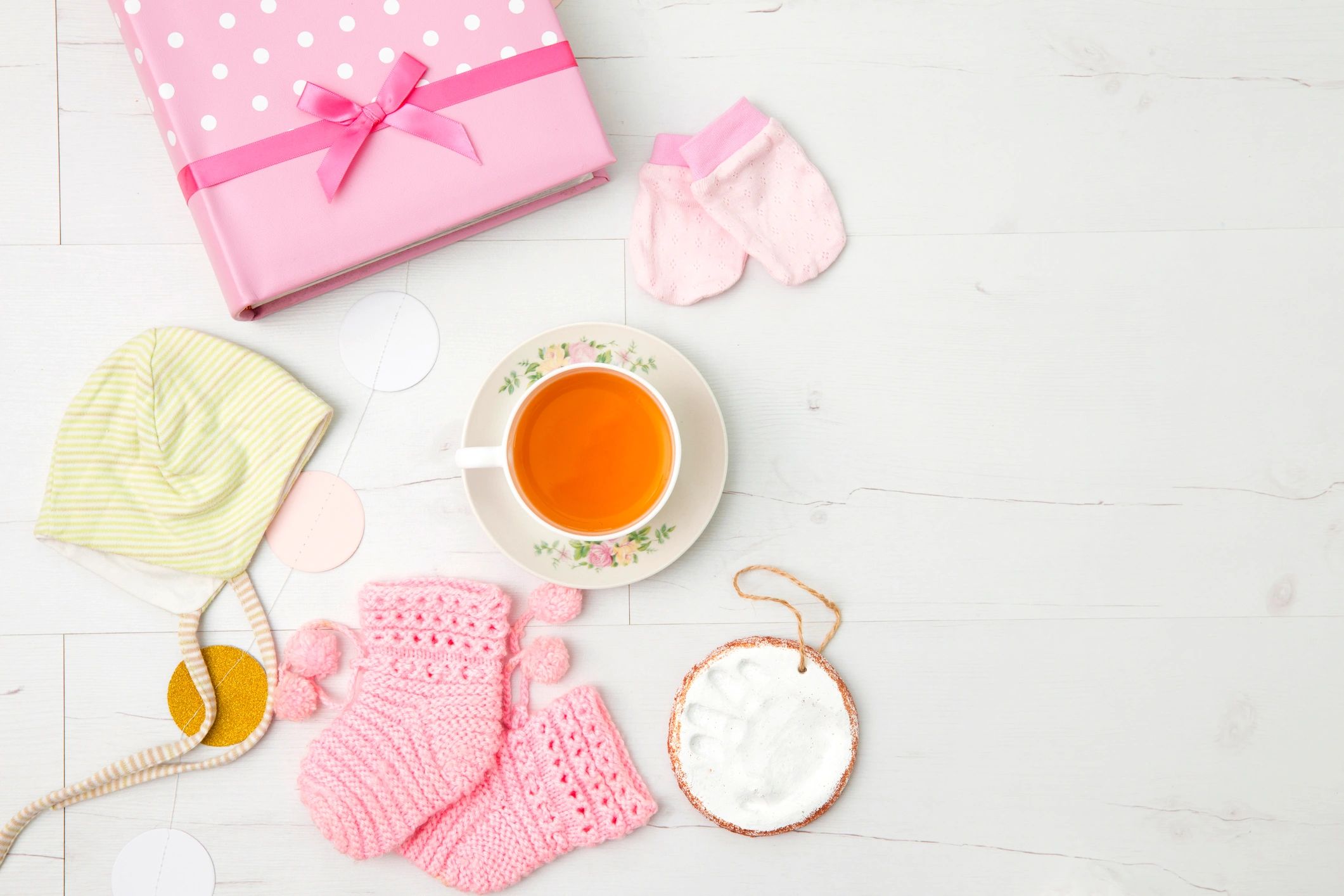 Flat lay of baby and parenting essentials