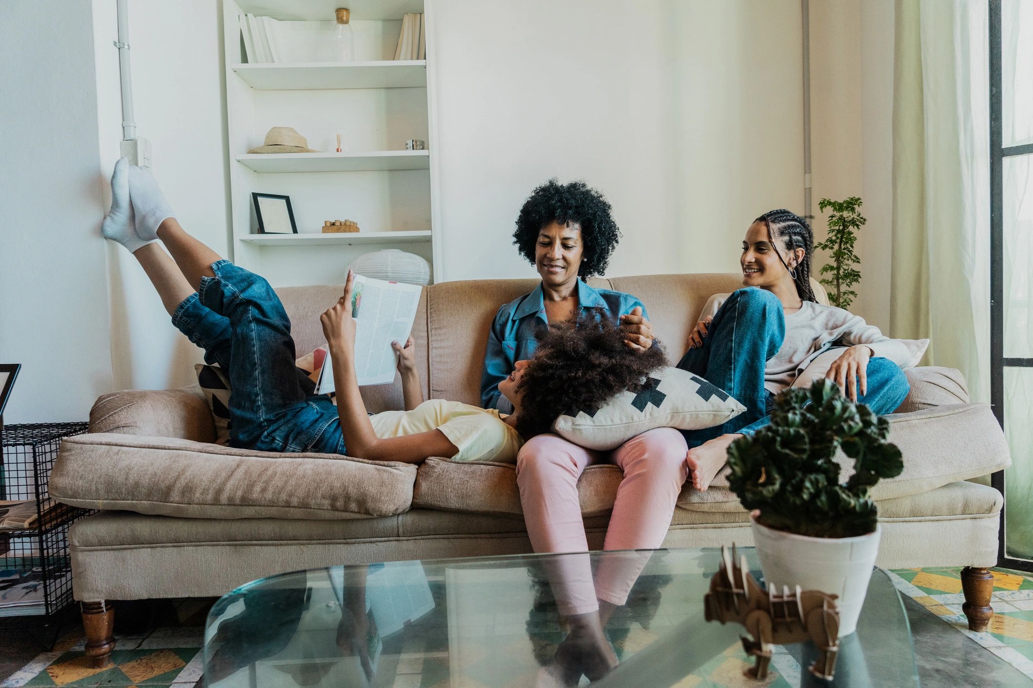 Family gathered together in the living room